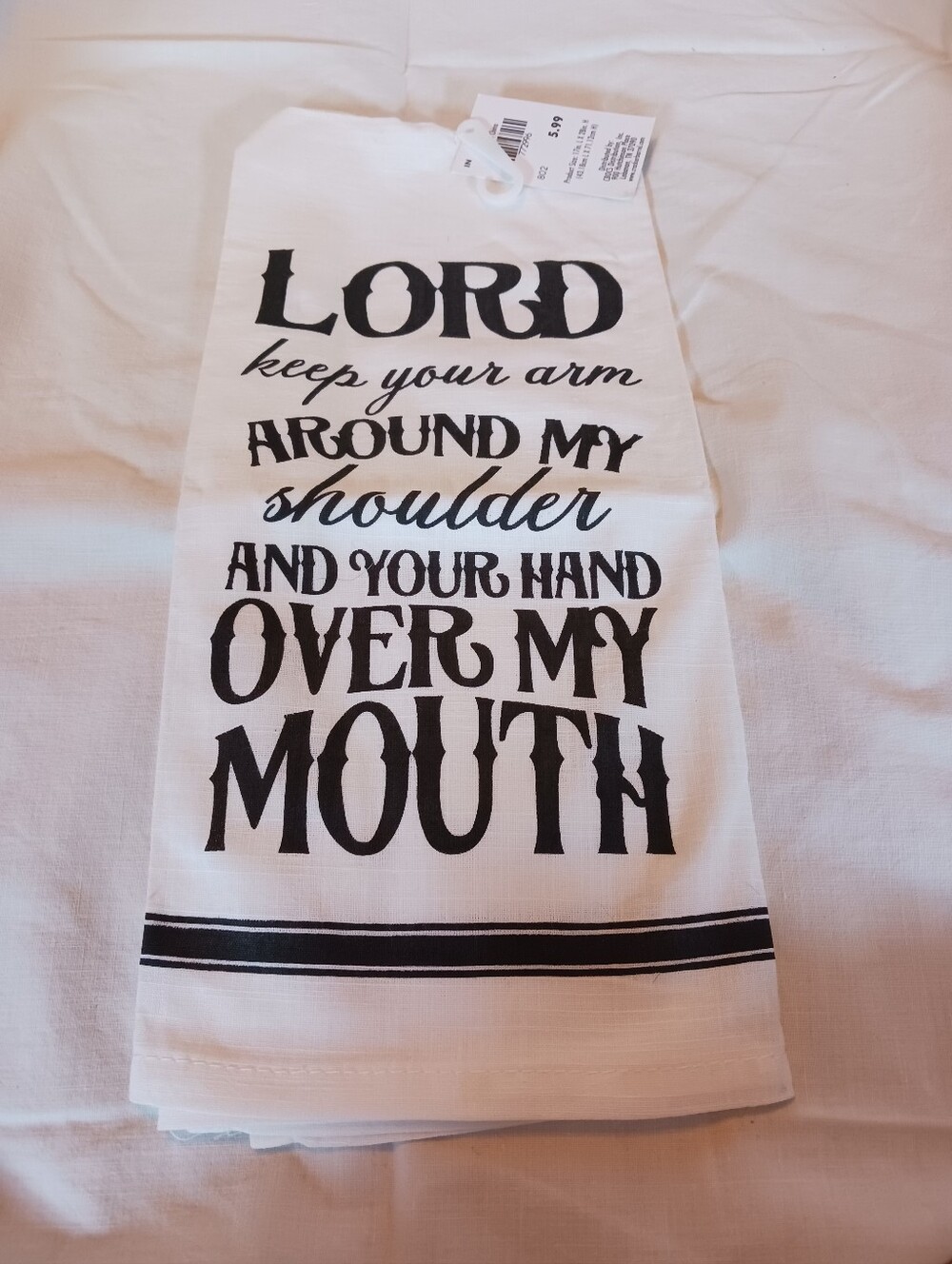 Cracker Barrel Funny Christian White Tea Towel with Black Lettering NWT